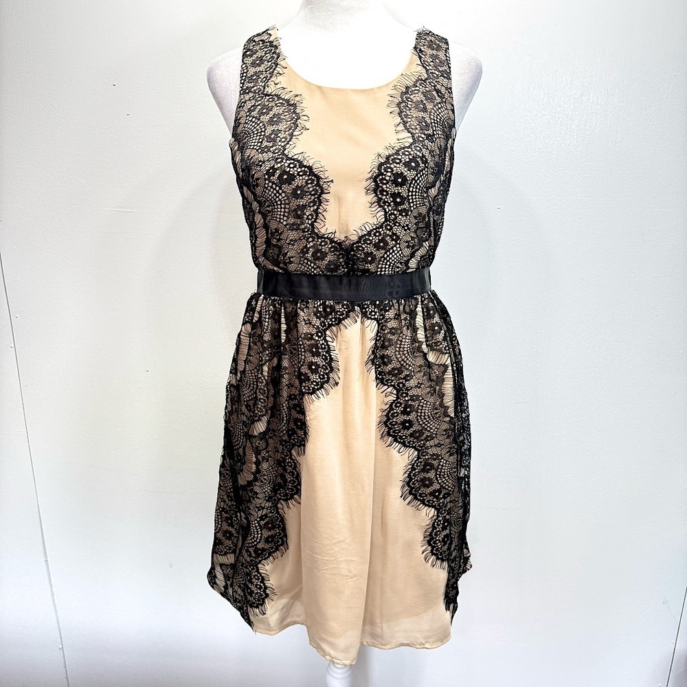 Beige Semi Sheer Dress with Black Eyelet Fringe Trim Doe & Rae Whimsigoth Fairy